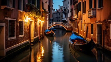 Canal in Venice at night, Italy. Panoramic view - obrazy, fototapety, plakaty