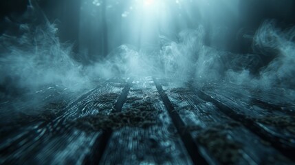 Backdrop for Halloween - Dark Fog With Smoke On A Wooden Table - Abstract and Defocused
