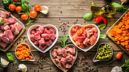 Panorama banner of healthy fresh ingredients for pet food in individual heart-shaped bowls viewed...