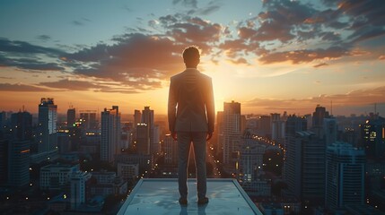 Rear view. Male top manager stands on the roof of an office building, looks at the city landscape. Generative AI. - obrazy, fototapety, plakaty