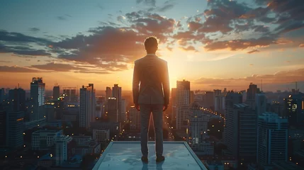 Poster Rear view. Male top manager stands on the roof of an office building, looks at the city landscape. Generative AI. © visoot