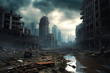 War-torn, post-apocalyptic cityscape with dilapidated buildings and desolate atmosphere under ominous skies, Generative AI