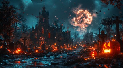 A Jack-o-lantern is seen in a cemetery on Halloween night with a full moon in the sky - obrazy, fototapety, plakaty