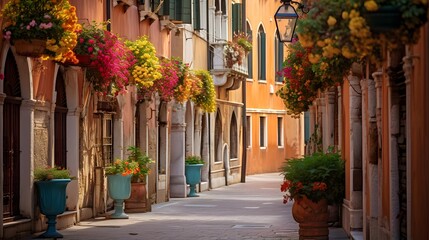 Fototapeta na wymiar Street with flowers in Venice, Italy. Panoramic image.