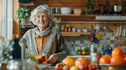 Fototapeta premium Portrait, fruit salad and apple with a senior woman in the kitchen of her home for health, diet or nutrition. Smile, food and cooking with a happy mature female pension eating healthy in the house