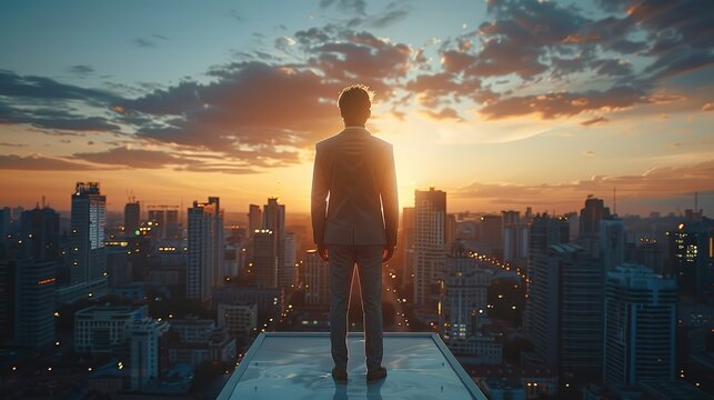 Rear view. Male top manager stands on the roof of an office building, looks at the city landscape. Generative AI.