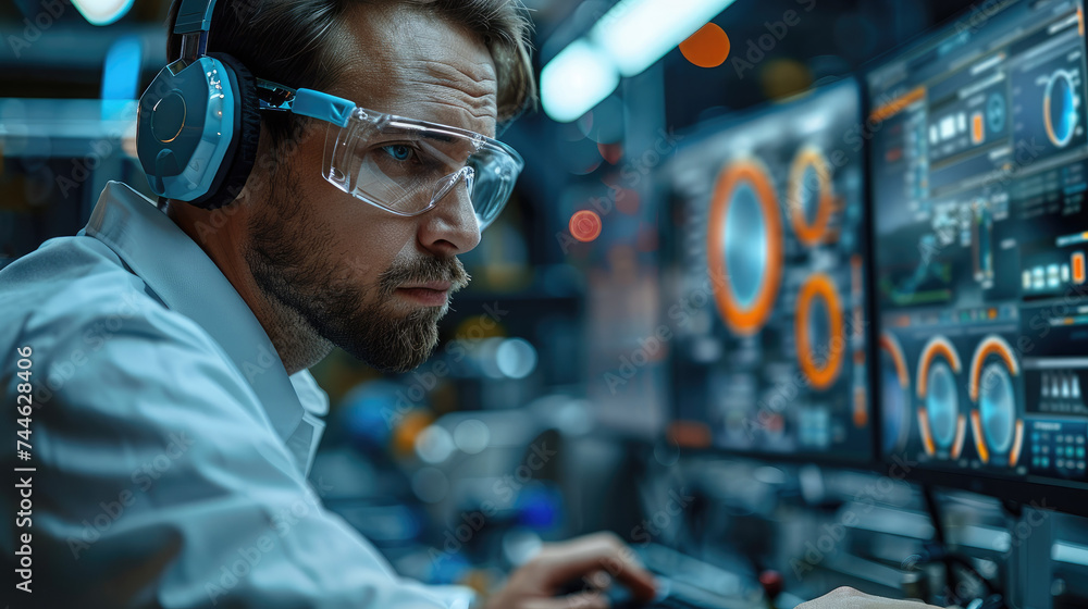 Aufkleber An engineer monitoring a sophisticated AI dashboard showing real-time data and predictive analytics from various sensors on industrial machinery. Generative AI.