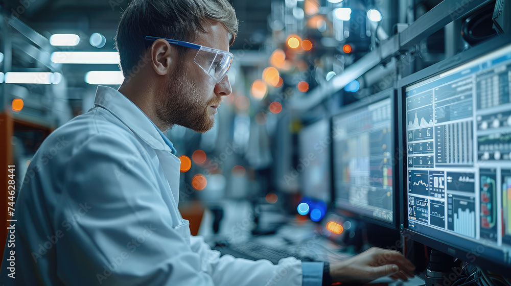 Poster An engineer monitoring a sophisticated AI dashboard showing real-time data and predictive analytics from various sensors on industrial machinery. Generative AI.