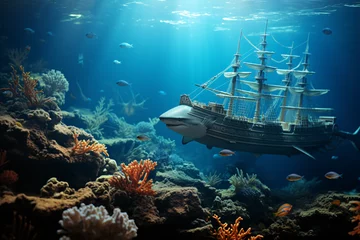 Wandaufkleber Sea or ocean underwater with sharks and sunken treasure © wendi