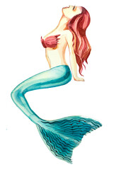 Mermaid painting.Watercolor fantastic under the sea creature artwork. Hand painted mermaid clipart isolated.