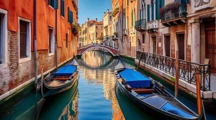 Gondolas on the Grand Canal in Venice, Italy. Panoramic view - obrazy, fototapety, plakaty