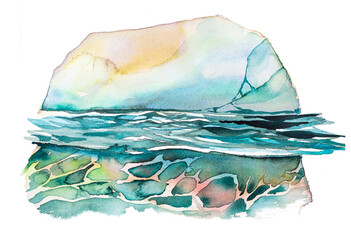 Ocean or sea landscape. Watercolor marine concept painting.