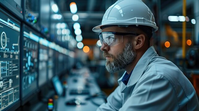 An engineer monitoring a sophisticated AI dashboard showing real-time data and predictive analytics from various sensors on industrial machinery. Generative AI.