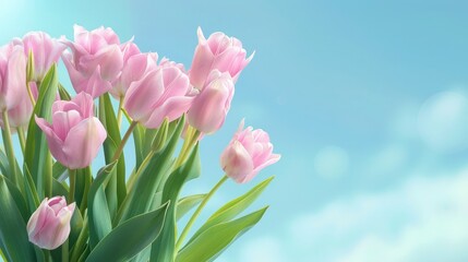 spring flowers banner - bunch of pink tulip flowers on blue sky background