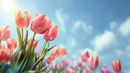 spring flowers banner - bunch of pink tulip flowers on blue sky background - obrazy, fototapety, plakaty