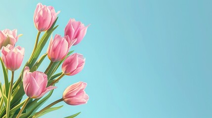 spring flowers banner - bunch of pink tulip flowers on blue sky background - obrazy, fototapety, plakaty