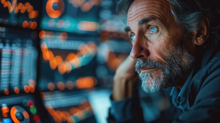 Worried individual starring at fluctuating stock market graphs and retirement calculator. Generative AI.