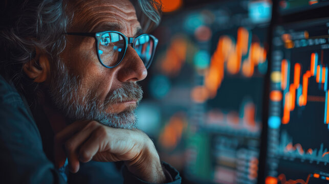 Worried individual starring at fluctuating stock market graphs and retirement calculator. Generative AI.