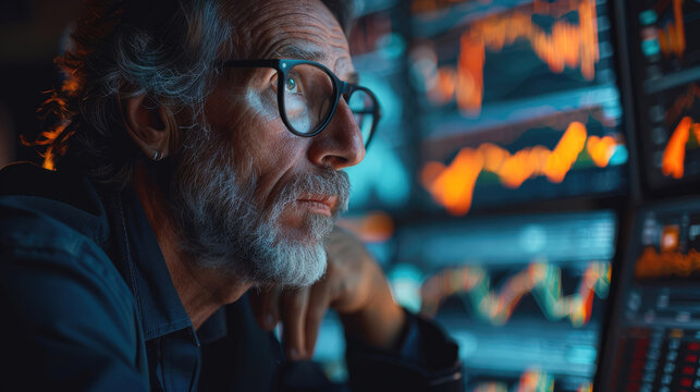 Worried individual starring at fluctuating stock market graphs and retirement calculator. Generative AI.