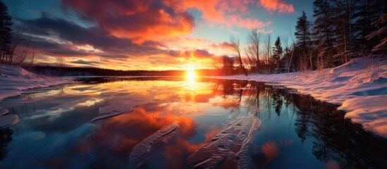 Water reflecting winter sunset