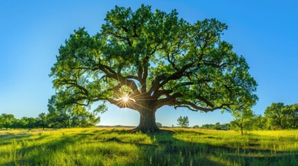 Fototapeta na wymiar The sun shining through a majestic green oak tree on a meadow, with clear blue sky in the background, panorama format