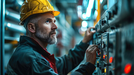 An engineer checking a electric security panel of a pipeline plant at food farm. Generative AI.