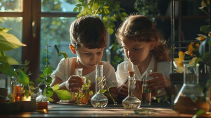 Two children botanist studying plant and doing botany science research - scientific glassware for chemical dreaming of becoming professional scientist in the future. Early development and educational - obrazy, fototapety, plakaty