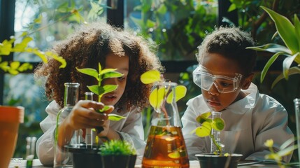 Two children botanist studying plant and doing botany science research - scientific glassware for chemical dreaming of becoming professional scientist in the future. Early development and educational - obrazy, fototapety, plakaty