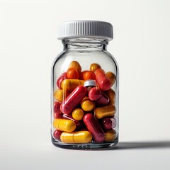 A clear bottle filled with colorful red and yellow vitamins or capsules, tightly sealed with a white lid, against a plain white background, Generative AI