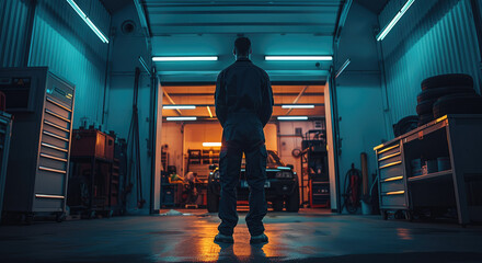 A mechanic in a dark blue jumpsuit standing strong and proud opening the garage door to the bay of his modern clean mechanic shop at dusk. Generative AI.