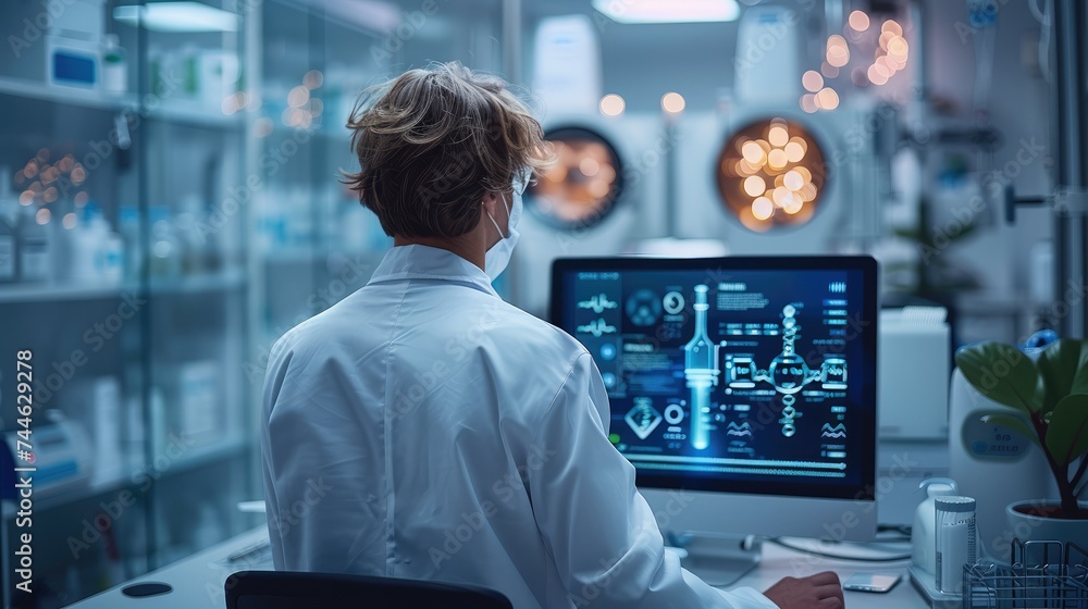 Aufkleber A person set in front of a pc developing an app related to health. The place from which it is developed indicates health. Generative AI.