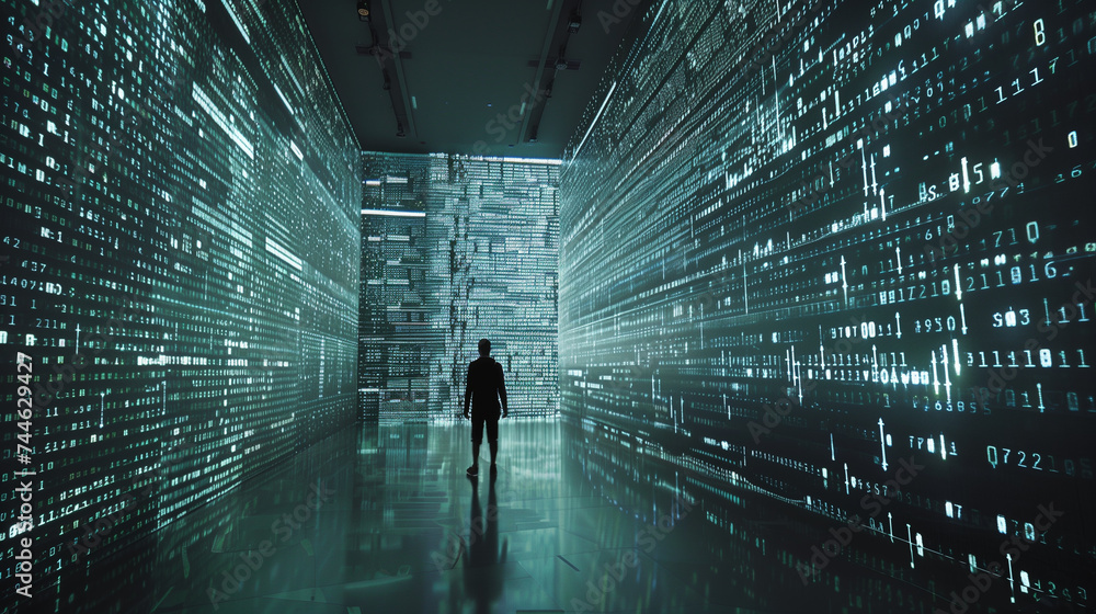 Poster binary codes cyber tech background, modern futuristic digital technology wallpaper, person standing 