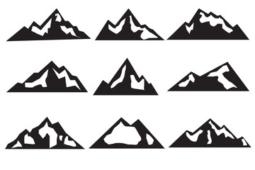 Mountain silhouette 9 set. Rocky mountains icon or logo collection. Vector illustration, eps10