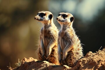 Naklejka na ściany i meble Two meerkats standing on a mound, attentively watching their surroundings, Generative AI
