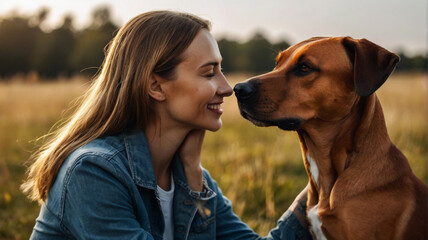 Young woman poses with her beagle dog in the garden and hugs him affectionately - Powered by Adobe