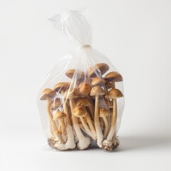 mushroom in plastic bag Isolated on white background