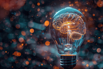 Glowing brain inside a light bulb, power of inspiration and potential for innovative thinking