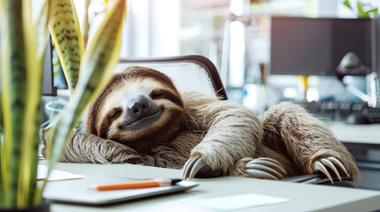 Obraz premium tired sloth sleeping at the table in the office. fatigue, laziness and slowness at work