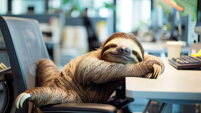 tired sloth sleeping at the table in the office. fatigue, laziness and slowness at work