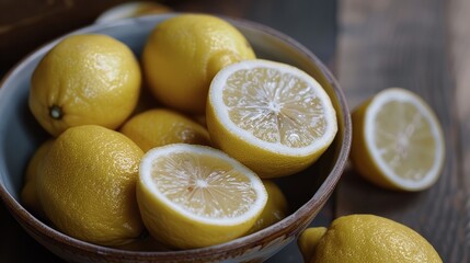 Artisanal presentation of yellow lemons in a handmade bowl.