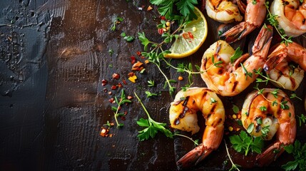 Succulent grilled shrimp adorned with lemon and herbs.