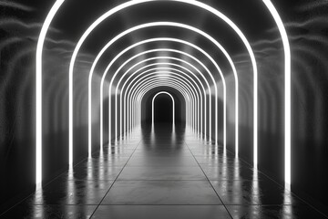 Obraz premium Empty white and black space, neon lights, Futuristic, modern interior, future room style or spaceship, sci-fi, hi-tech, background, 3D rendering.