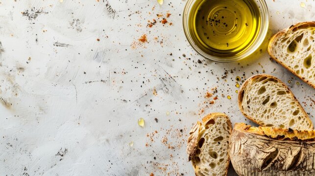 Homemade bread with a perfect crust, accompanied by premium olive oil for an elegant snack.