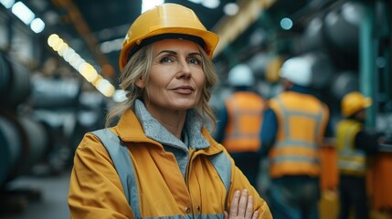 Female senior top manager standing in an industrial manufacturing environment among a group of industrial workers. Generative AI.