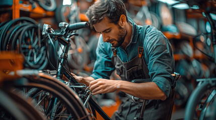 A man meticulously repairing a bike in his store's workshop. Generative AI.