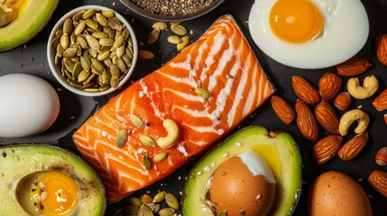 Assorted Keto Foods Featuring Avocado and Salmon.