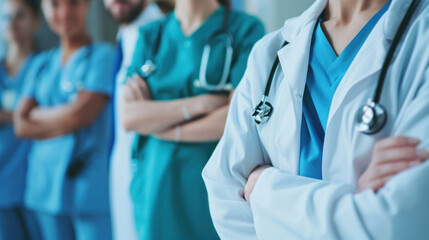 The physician and team meet about health care issues, planning, or strategy together in a hospital or office setting. Group of medical professionals in teamwork, discussion or collaboration  in clinic