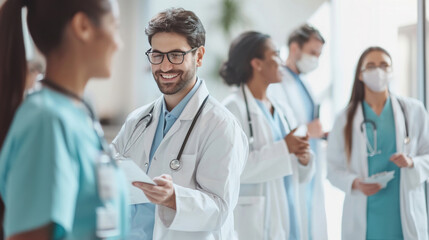 The physician and team meet about health care issues, planning, or strategy together in a hospital or office setting. Group of medical professionals in teamwork, discussion or collaboration  in clinic