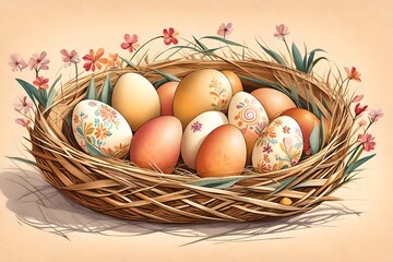 Obraz na płótnie Canvas easter eggs in basket, Celebrate the joy of Easter with a charming greeting card featuring Easter eggs nestled in a cozy nest on a warm beige background