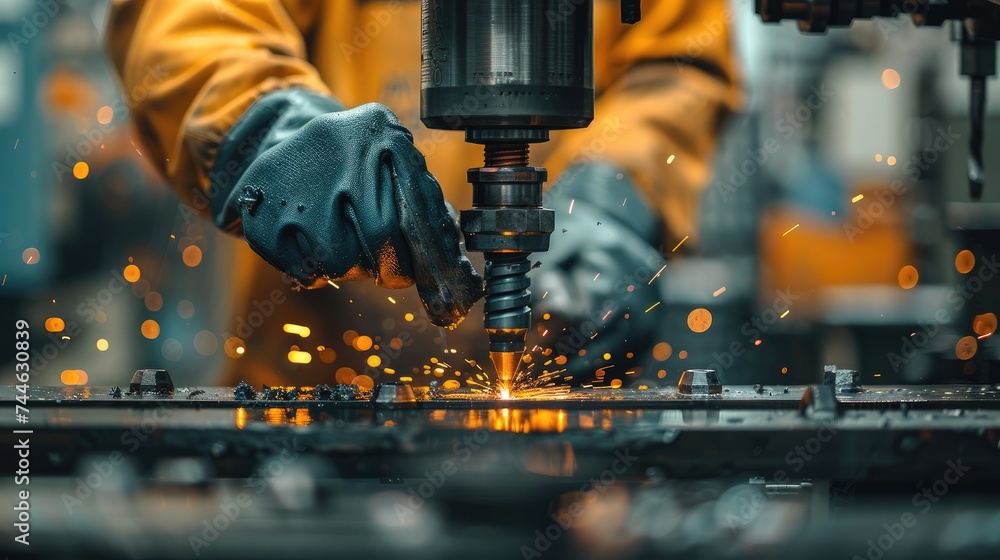 Poster a guy in gloves at a factory behind a machine drills holes in iron corners. generative ai.